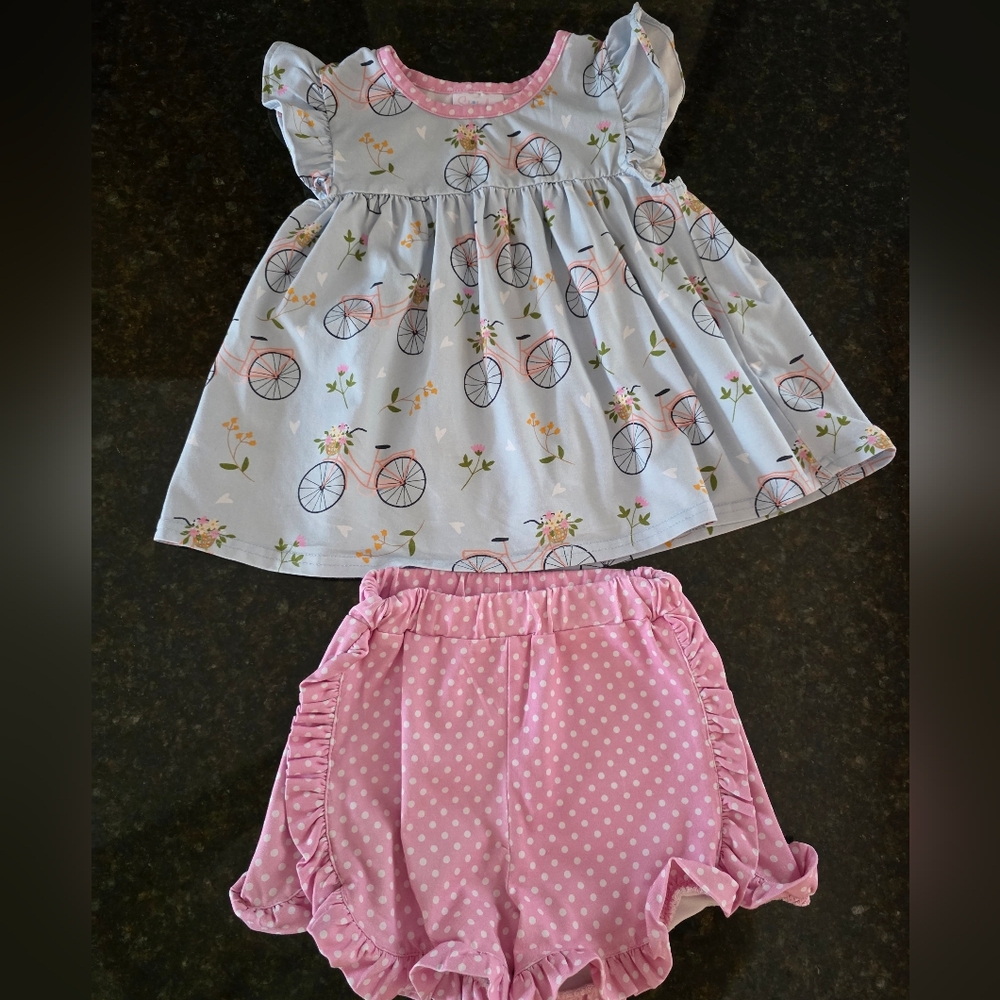 Stitchy Fish Adorable Bicycle Print  and Polka Dot Shorts Set